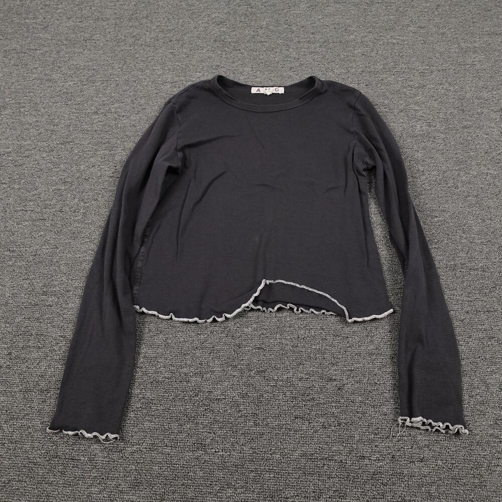 AMO Shirt Womens XS Black Lettuce Hem Ruffle Long Sleeve Cotton Tee Top